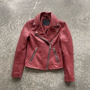 AllSaints Dalby Red Lamb Leather Biker Jacket Full Zip Soft Size 0 US / 4 UK